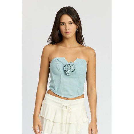 DENIM ROSETTE CORSET TUBE TOP