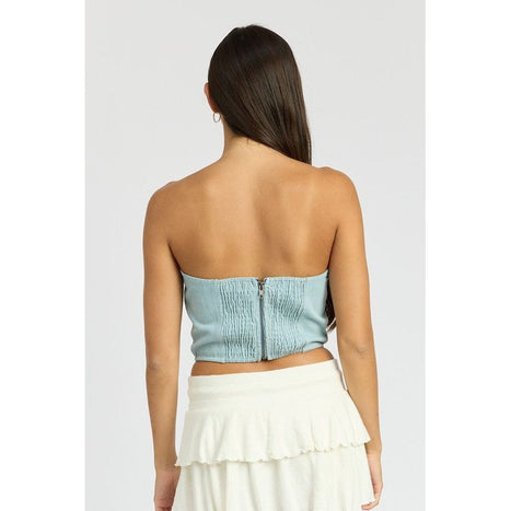 DENIM ROSETTE CORSET TUBE TOP