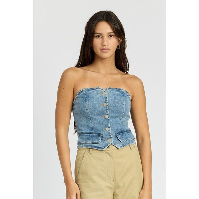 BUTTON FRONT DENIM BUSTIER TOP