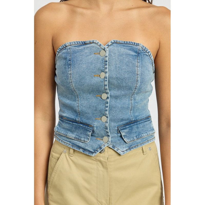 BUTTON FRONT DENIM BUSTIER TOP