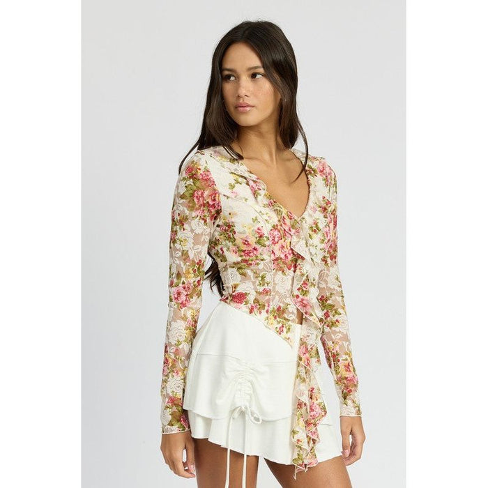 FLORAL PRINT BLOUSE WITH RUFFLE DETAIL