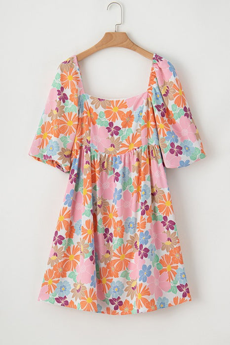 Square Neck Bubble Puff Sleeve Floral Coral Dress