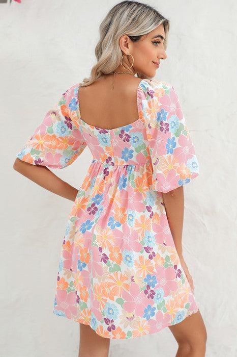 Square Neck Bubble Puff Sleeve Floral Coral Dress