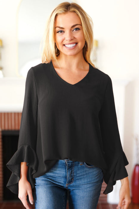 Falling In Love Black Hi-Lo Ruffle Sleeve Woven Top