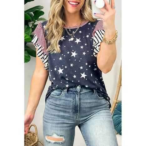 Flag Stripe Ruffle Sleeve Star Shirt USA