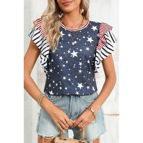 Flag Stripe Ruffle Sleeve Star Shirt USA