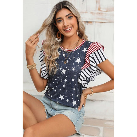 Flag Stripe Ruffle Sleeve Star Shirt USA