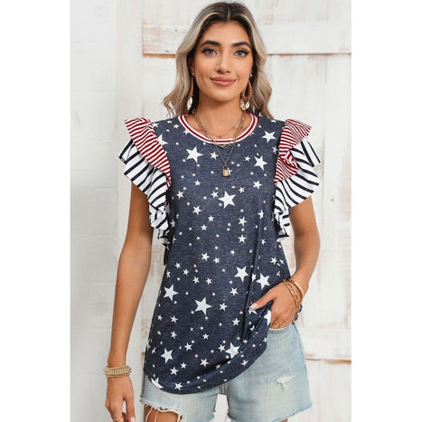 Flag Stripe Ruffle Sleeve Star Shirt USA