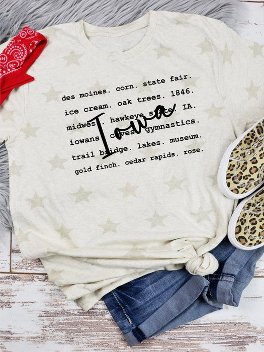 Iowa Typography Words Star Graphic Tee