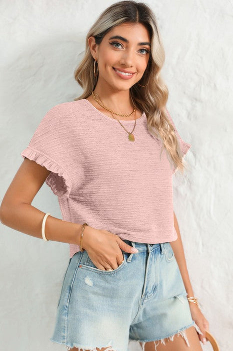 Solid Textured Ruffled Short Sleeve Blouse