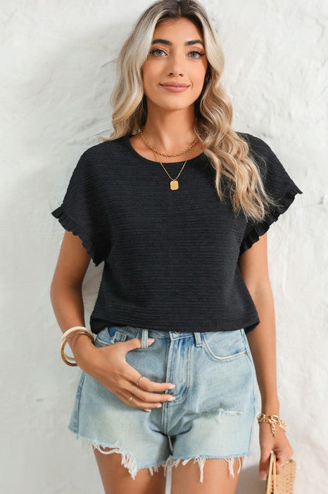 Solid Textured Ruffled Short Sleeve Blouse