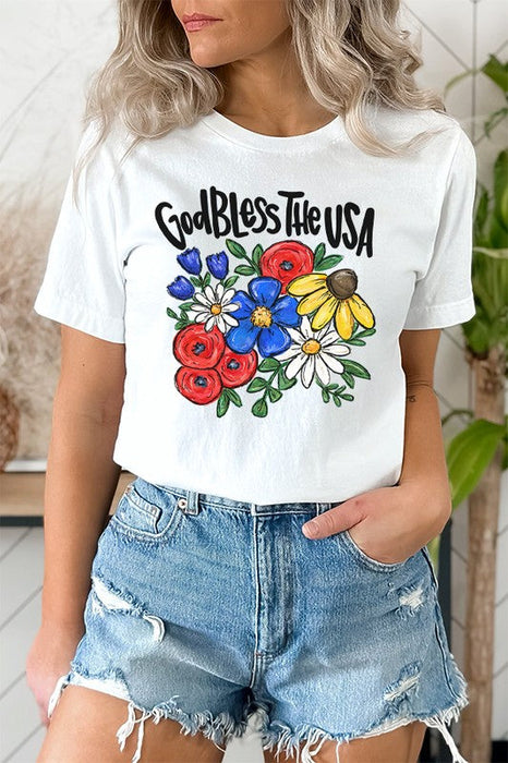 Patriotic USA God Bless USA Floral Graphic Tee