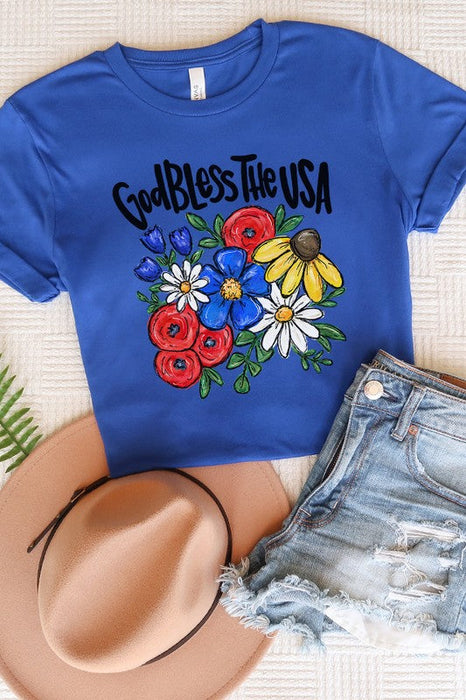 Patriotic USA God Bless USA Floral Graphic Tee