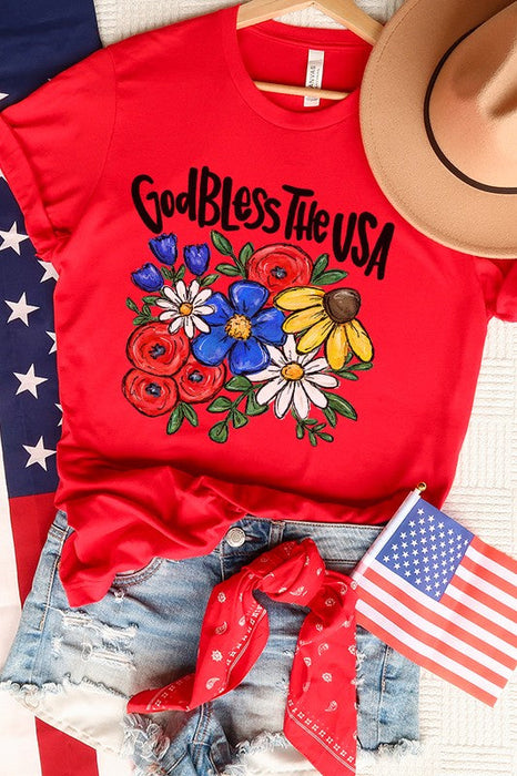 Patriotic USA God Bless USA Floral Graphic Tee