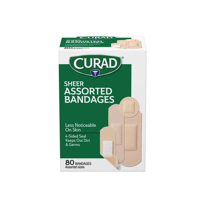 Curad Curad Sheer Adhesive Bandages, Discreet Wound Protection – Assorted Sizes, 80 Count First Aid