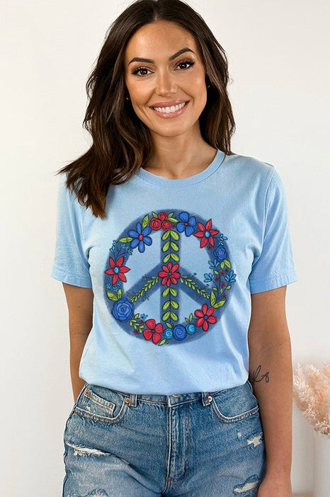 Patriotic Blue Floral Peace Sign Graphic Tee