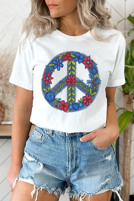 Patriotic Blue Floral Peace Sign Graphic Tee