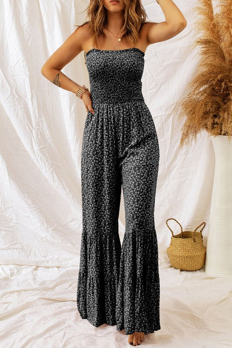 Women Smocked Bodice Wide Leg Floral Jumpsuit