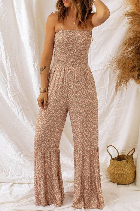 Women Smocked Bodice Wide Leg Floral Jumpsuit