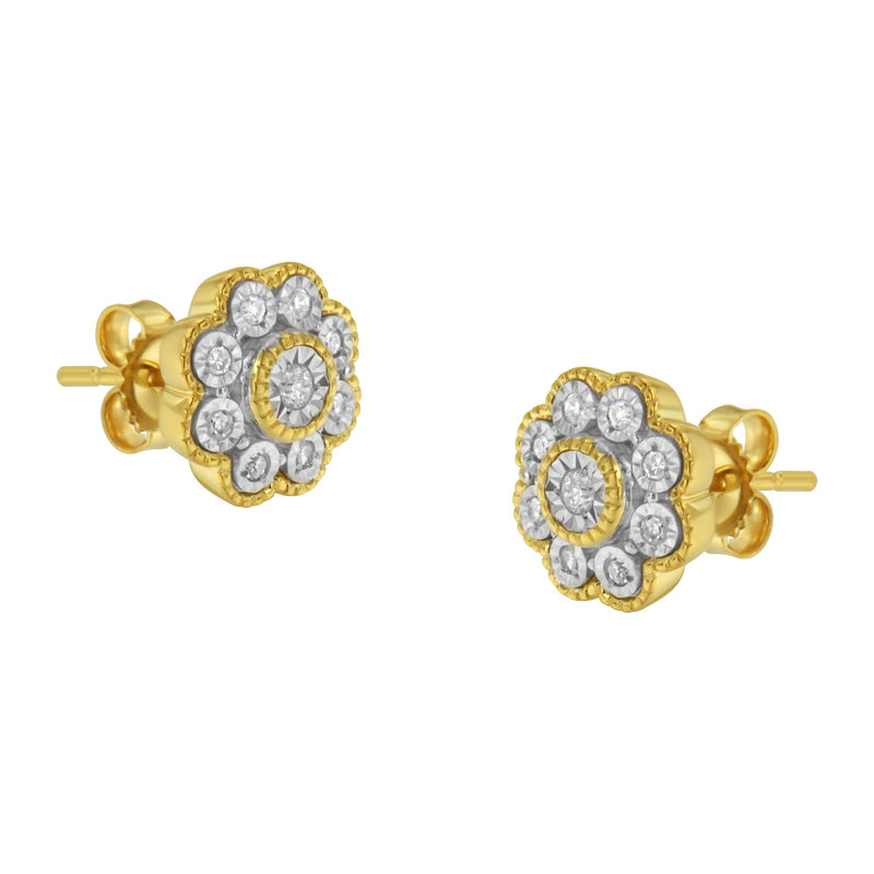 Bids.com 14K Yellow Gold Plated .925 Sterling Silver 1/6 Cttw Miracle-Plate Set Diamond Floral Stud Earrings (I-J Color, I2-I3 Clarity) Earrings