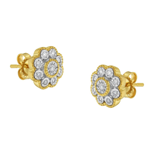 Bids.com 14K Yellow Gold Plated .925 Sterling Silver 1/6 Cttw Miracle-Plate Set Diamond Floral Stud Earrings (I-J Color, I2-I3 Clarity) Earrings