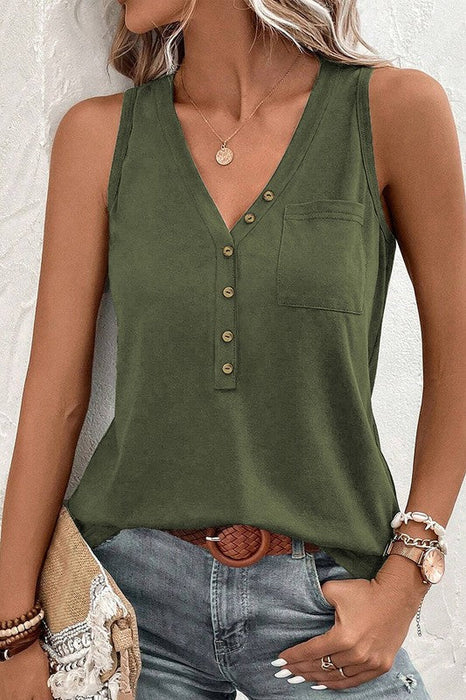 Women Half Button V Neck Patched Pocket Tank Top