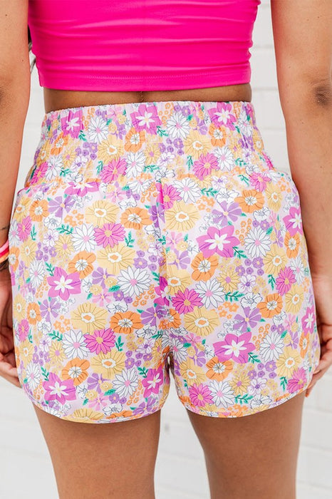 Women Boho Floral Shirred High Waist Casual Shorts