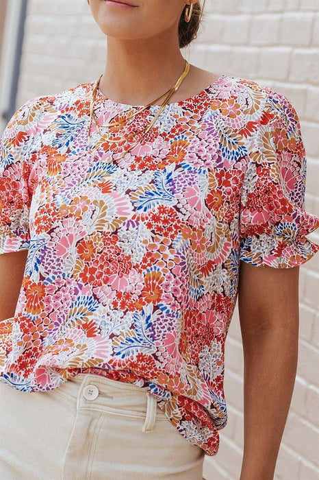 Women Mix Floral Pattern Bubble Sleeve Blouse