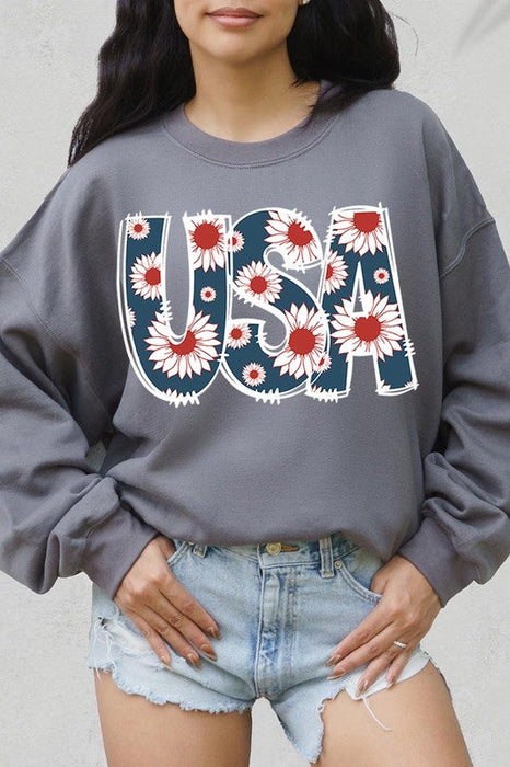 Floral USA  Graphic Fleece Sweatshirts