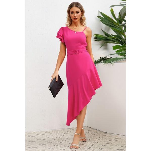 Ruffled Asymmetrical Neck Flutter Sleeve Dress