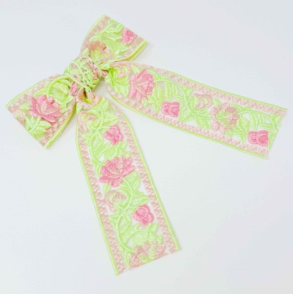 Lacey Flower Embroidered Bow Hair Clip in Pink