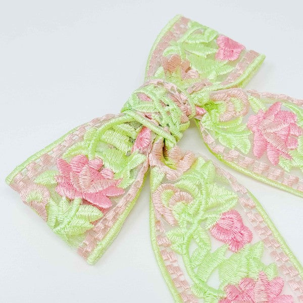 Lacey Flower Embroidered Bow Hair Clip in Pink