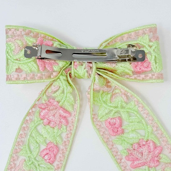 Lacey Flower Embroidered Bow Hair Clip in Pink