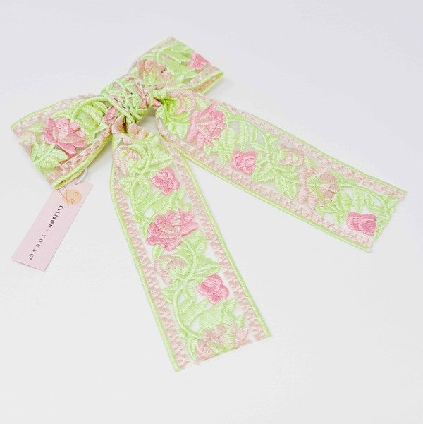 Lacey Flower Embroidered Bow Hair Clip in Pink