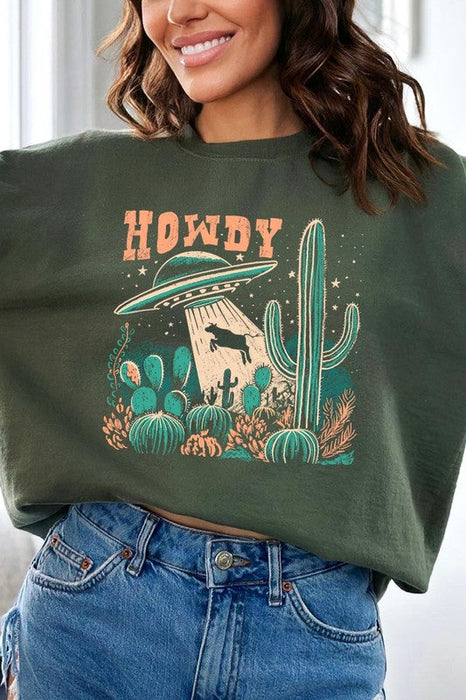 Howdy Cow Abduction Graphic Fleece Sweatshirts