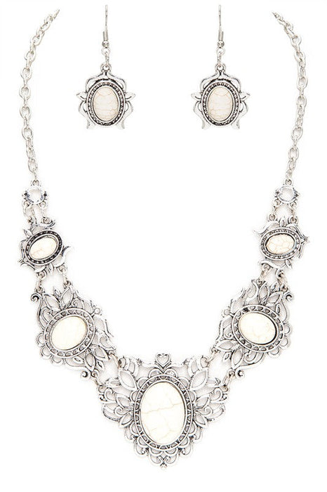 Oval Stone Motif Statement Bib Necklace Set