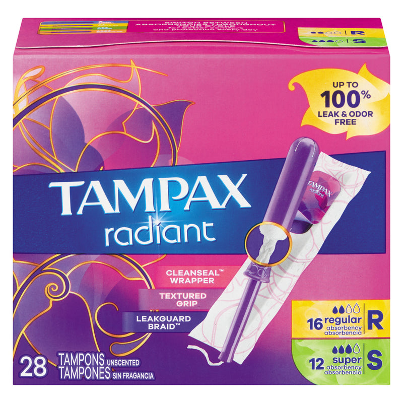 Tampax Tampax Radiant Tampons Duo Pack - Light/Regular Absorbency, LeakGuard Braid, Unscented Tampons