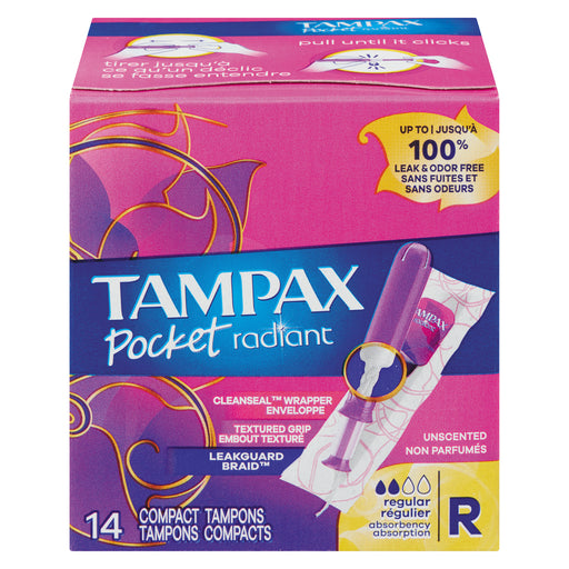 Tampax Tampax Pocket Radiant Compact Tampons Regular Absorbency With BPA-Free Plastic Applicator And LeakGuard Braid, Unscented Tampons