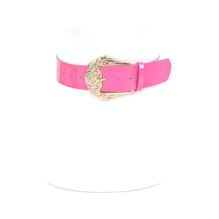 Motif Embossed Buckle Patent Faux Leather Belt