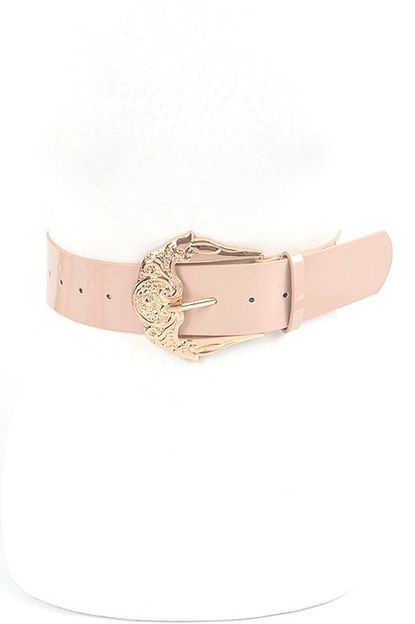 Motif Embossed Buckle Patent Faux Leather Belt