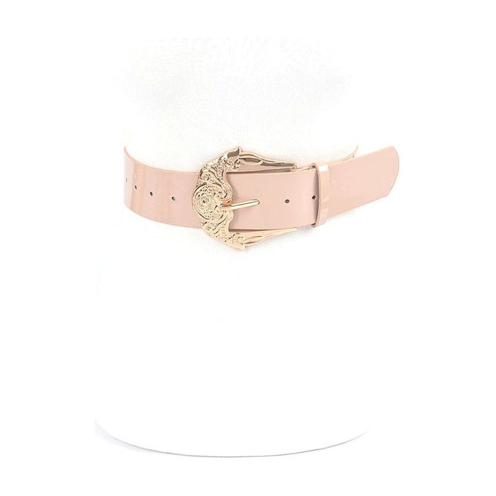 Motif Embossed Buckle Patent Faux Leather Belt