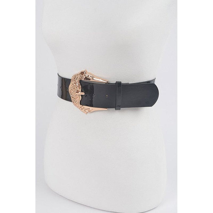 Motif Embossed Buckle Patent Faux Leather Belt