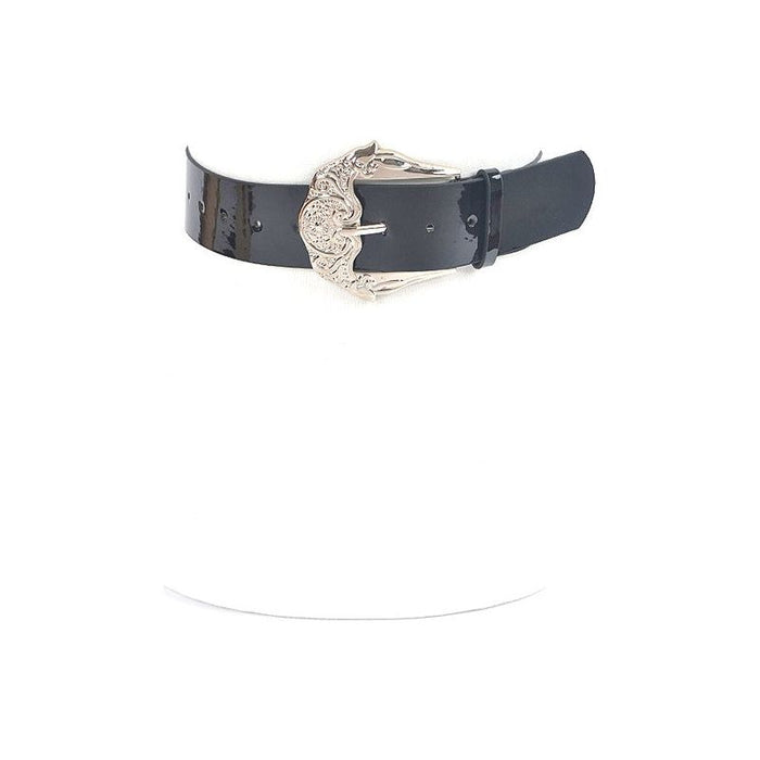 Motif Embossed Buckle Patent Faux Leather Belt