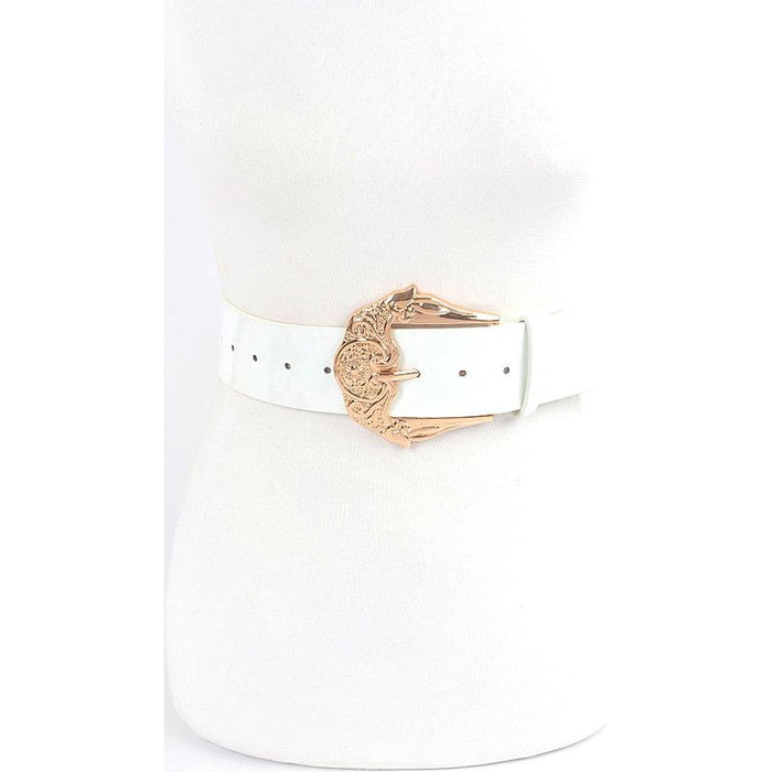 Motif Embossed Buckle Patent Faux Leather Belt