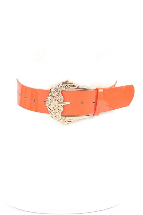 Motif Embossed Buckle Patent Faux Leather Belt