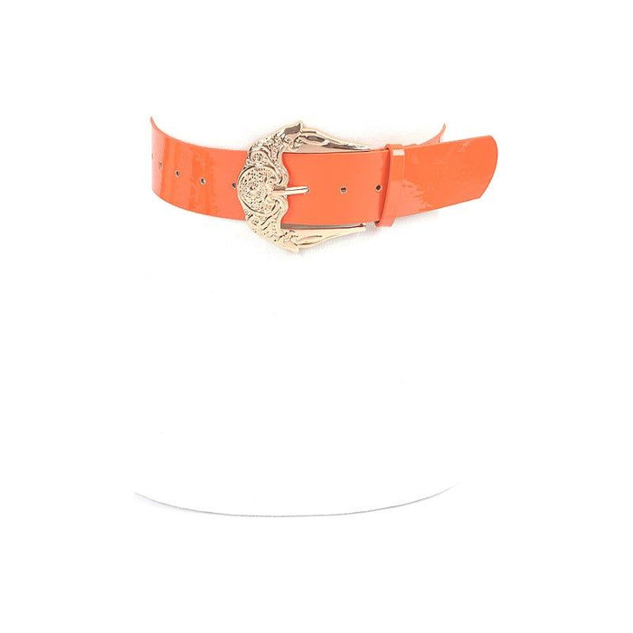 Motif Embossed Buckle Patent Faux Leather Belt