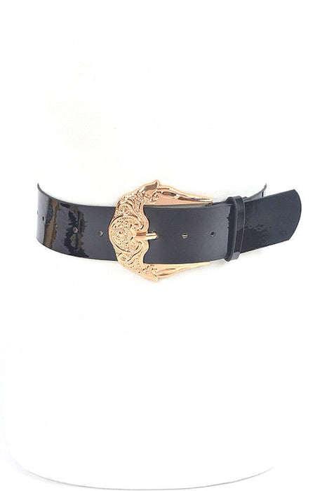 Motif Embossed Buckle Patent Faux Leather Belt