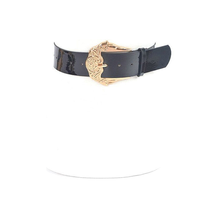 Motif Embossed Buckle Patent Faux Leather Belt