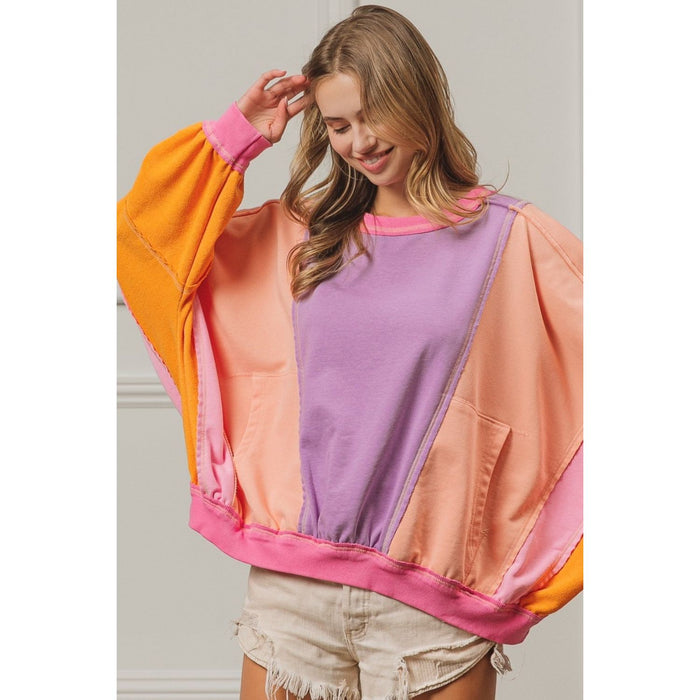 Color Block Exposed Seam Sweatshirt with Pockets