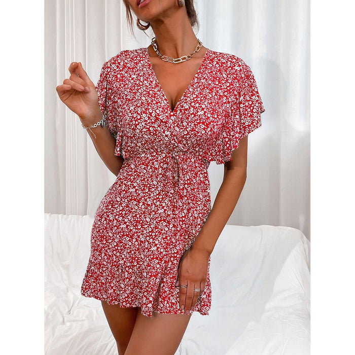 Cutout Ditsy Floral Surplice Flounce Sleeve Dress